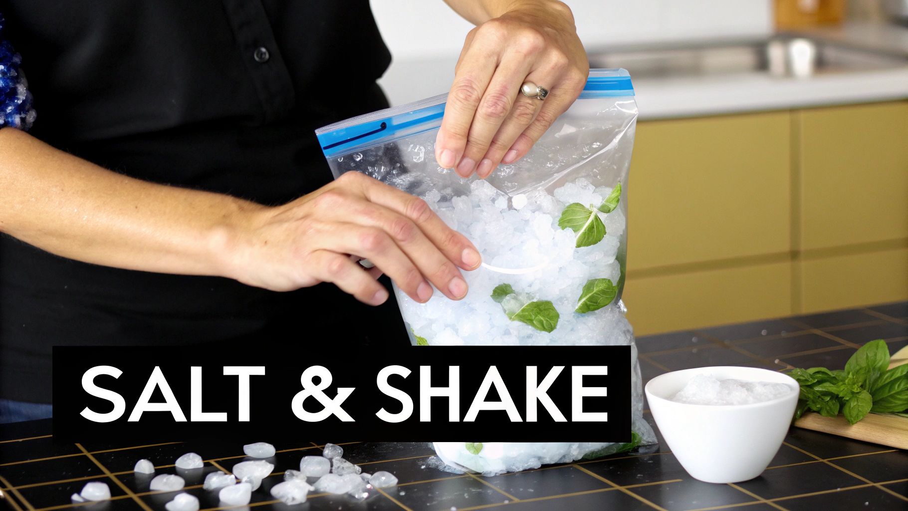 A person holds a clear plastic bag filled with crushed ice and mint leaves on a black counter.