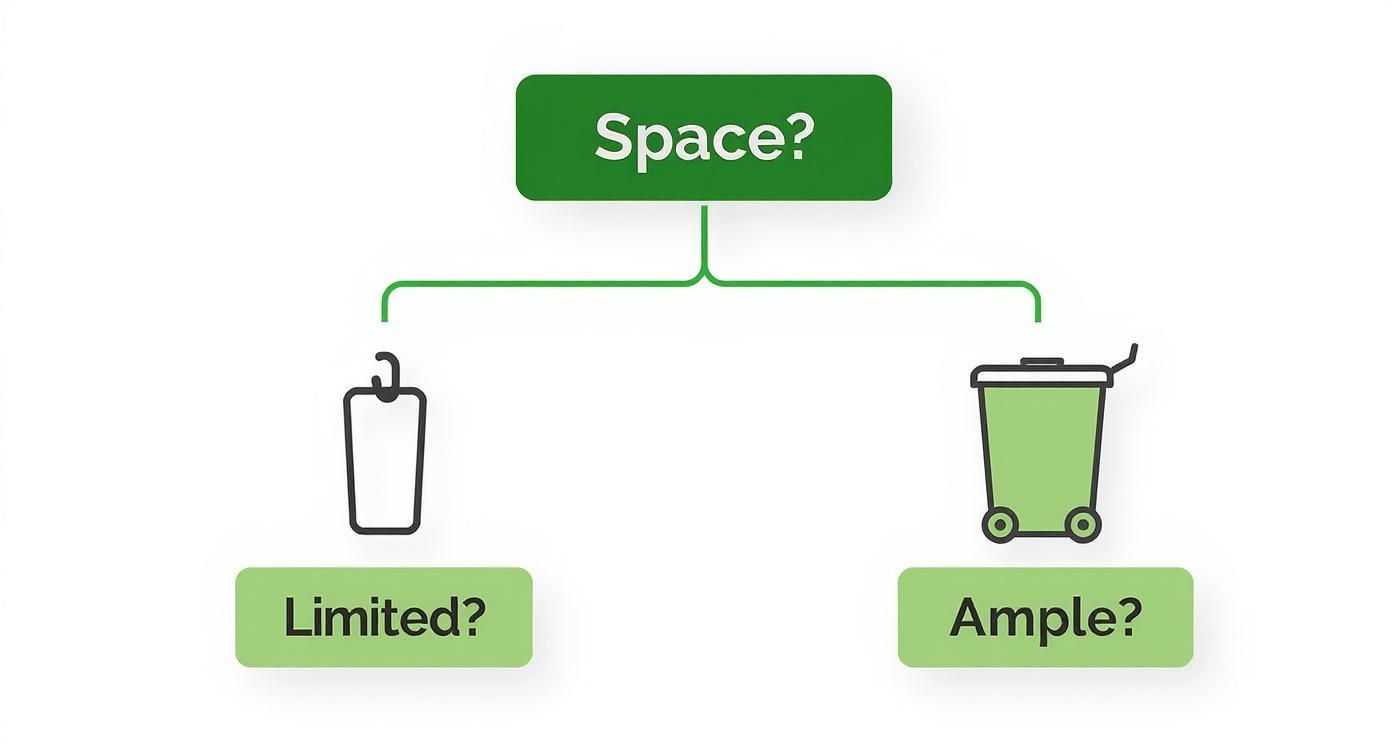 A flowchart titled 'Space?' showing two options: 'Limited?' with a small bag holder icon, or 'Ample?' with a large garbage bin icon