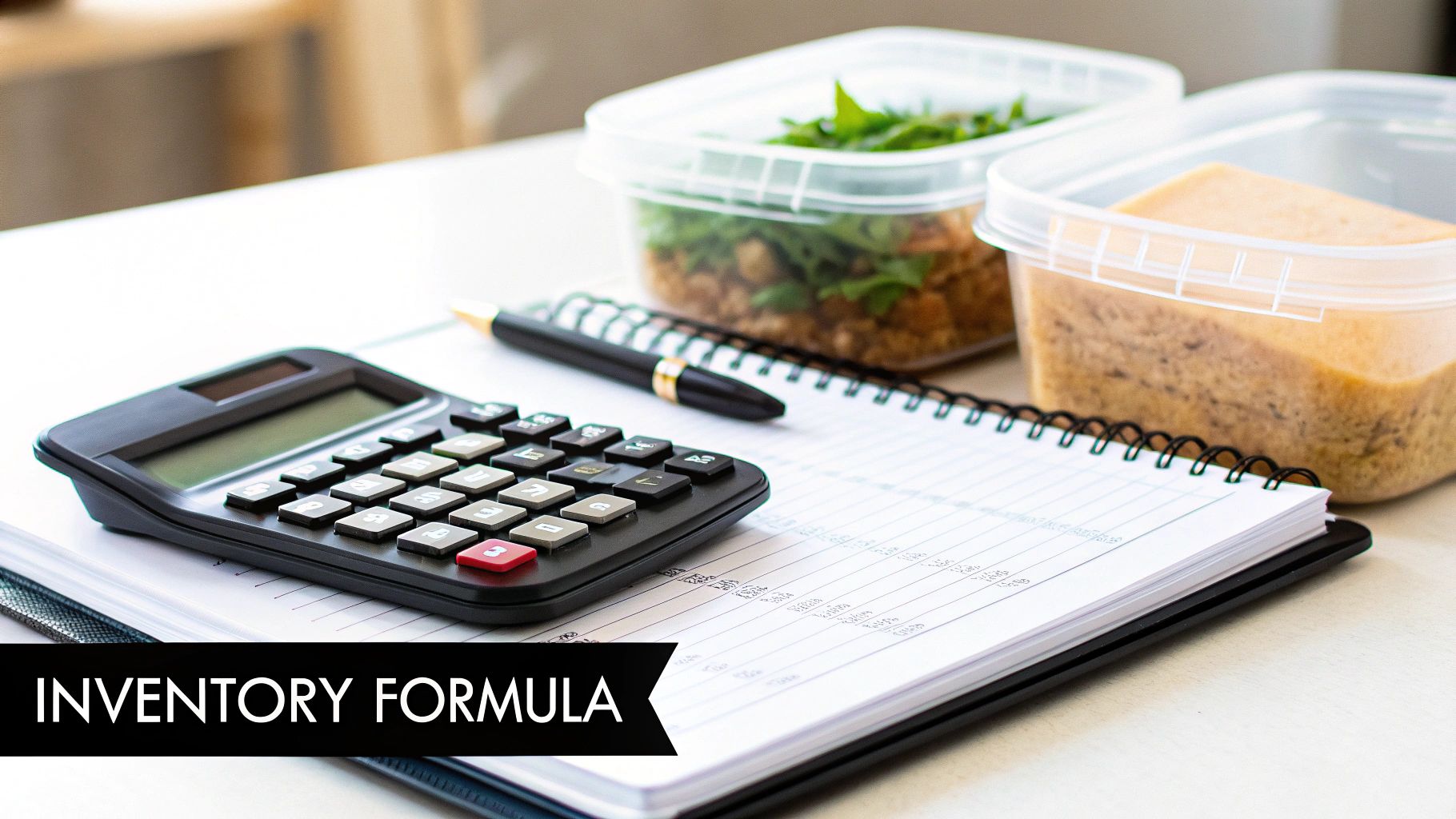 A calculator, pen, and notebook on a desk with food containers and 'Inventory Formula' text