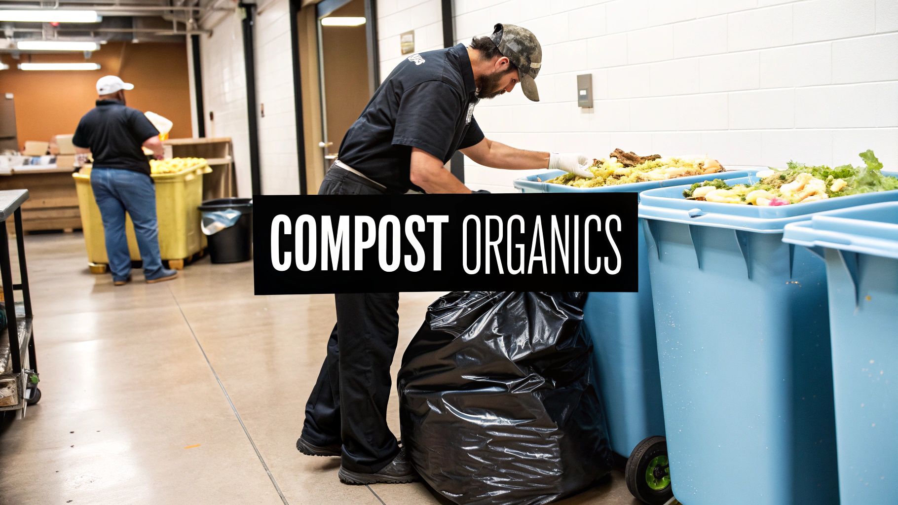 Two workers sorting organic food waste into large blue compost bins in a commercial kitchen setting