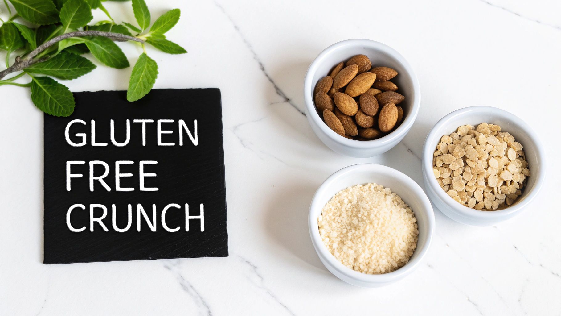 A black sign displaying 'Gluten Free Crunch' next to bowls of almonds, almond flour, and gluten-free cereal on marble.