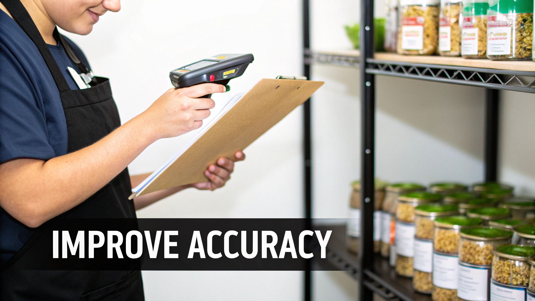 Person in apron using a barcode scanner and clipboard to check inventory in a pantry