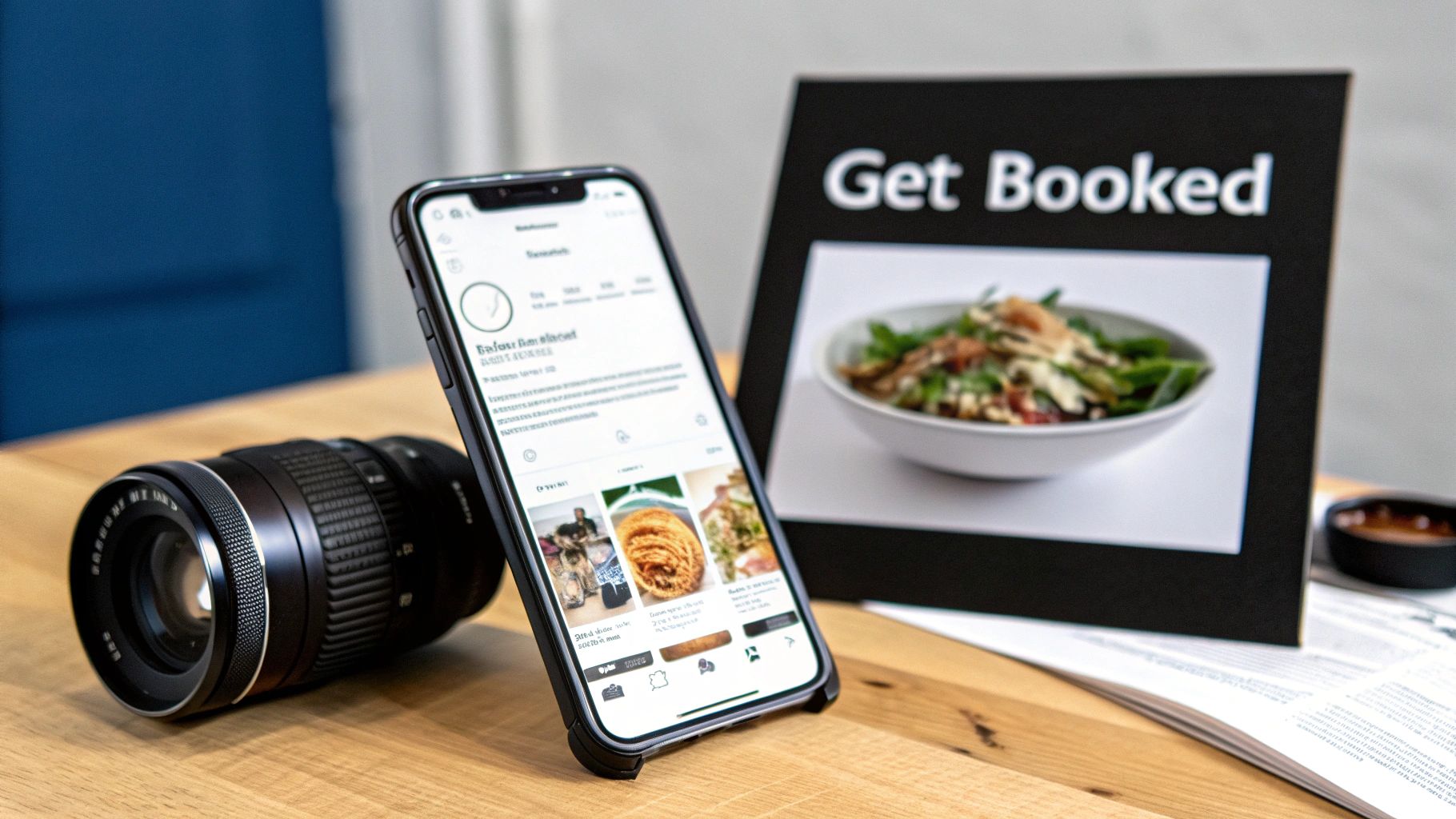 A smartphone displaying food photos, a camera lens, and a 'Get Booked' sign on a wooden table