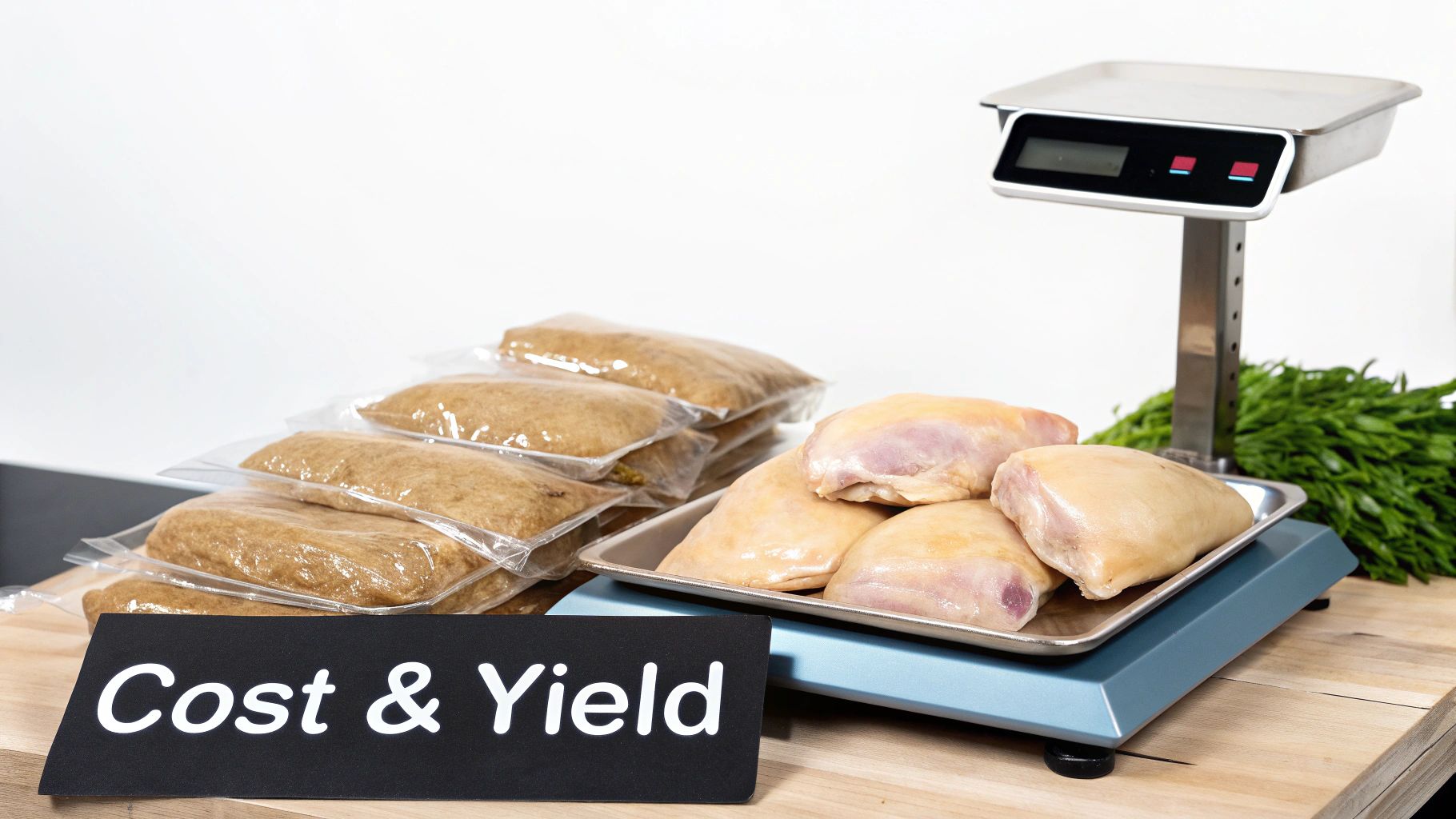 Raw chicken thighs on a digital scale, next to vacuum-sealed bags and a 'Cost & Yield' sign
