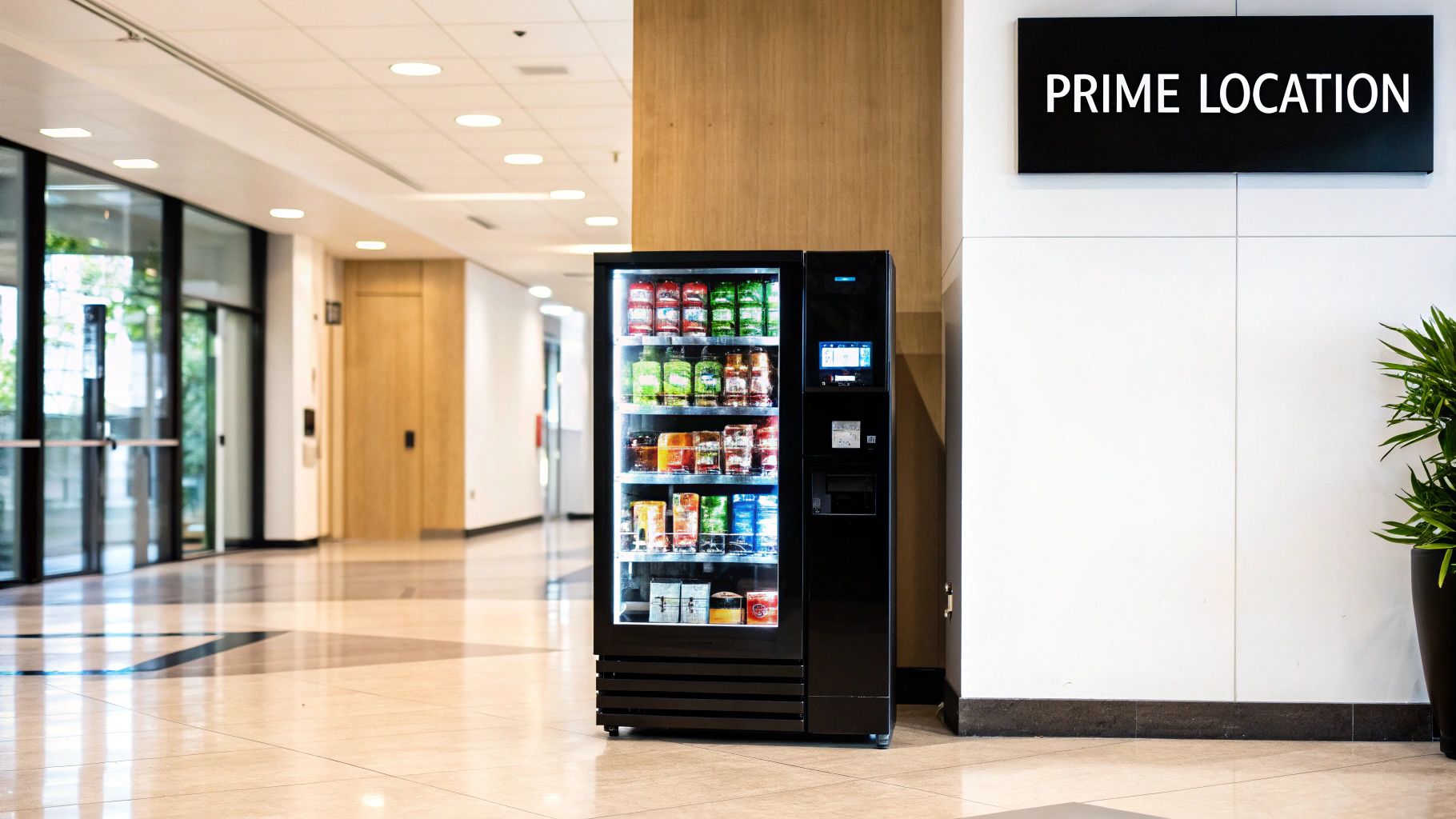 A sleek black vending machine filled with colorful beverages and snacks in a bright office hallway.