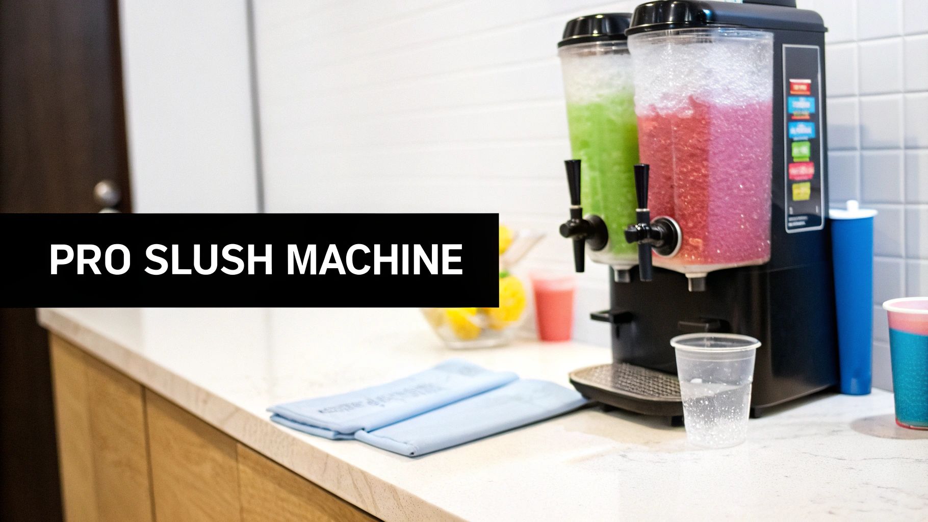 Close-up of a Pro Slush Machine serving green and pink slush drinks on a kitchen counter.
