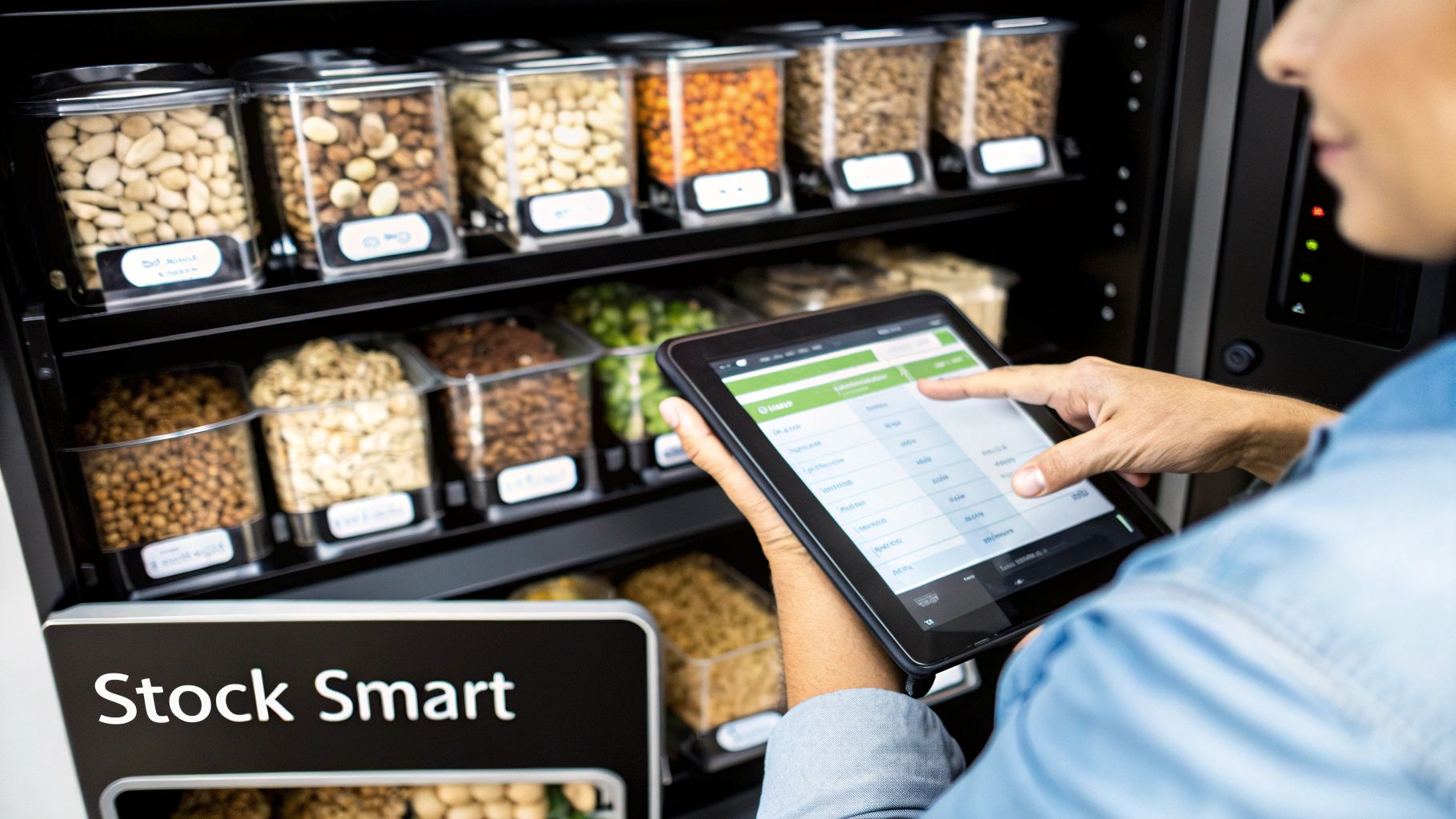 A person uses a tablet to manage inventory in a smart vending machine filled with nuts and grains.
