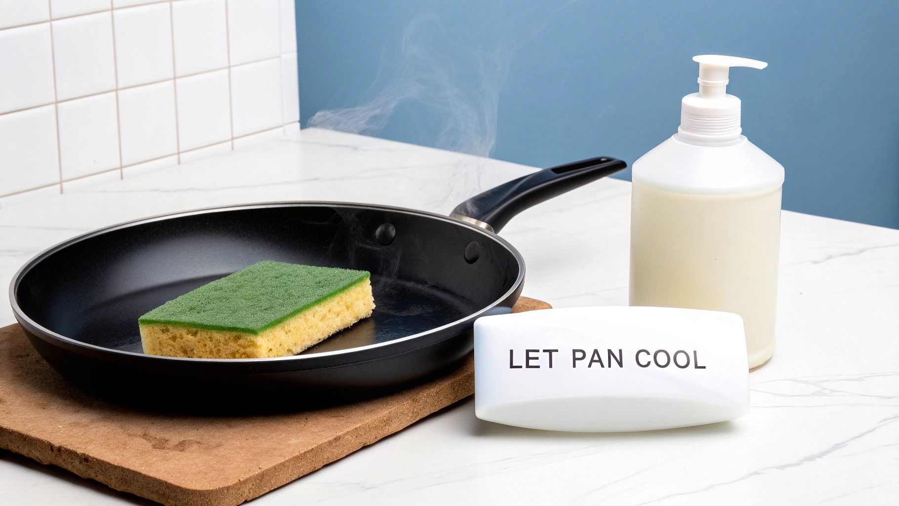A hot frying pan with a sponge inside, steam rising, next to a soap dispenser and a 'LET PAN COOL' sign