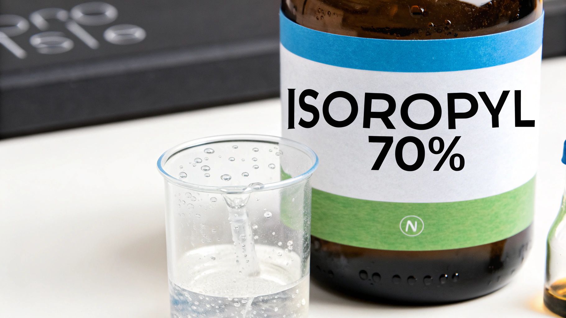 A large bottle of Isopropyl 70% alcohol next to a small measuring cup with clear liquid