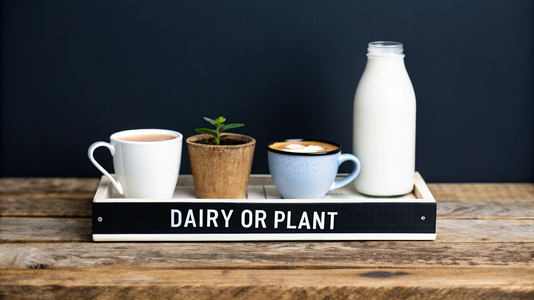 A white tray holds coffee, tea, a small plant, and a milk bottle representing dairy and plant-based creamer options.