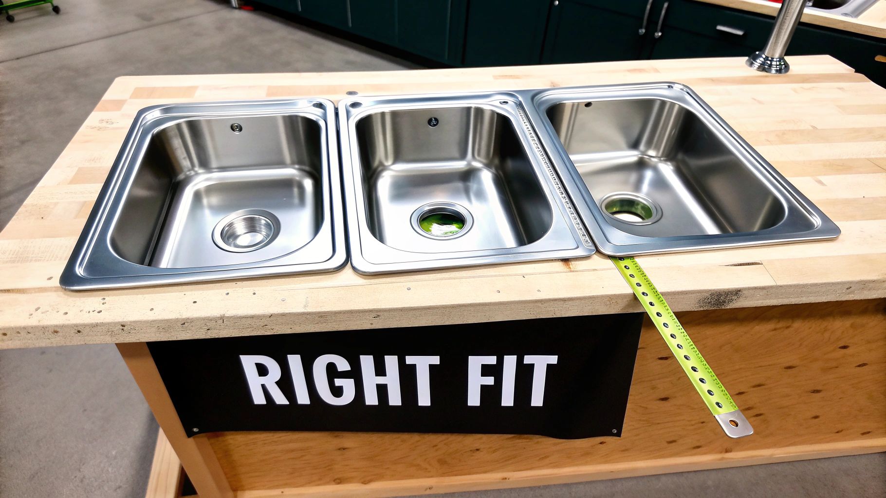 Three stainless steel sinks displayed side-by-side in a wooden countertop, with a tape measure