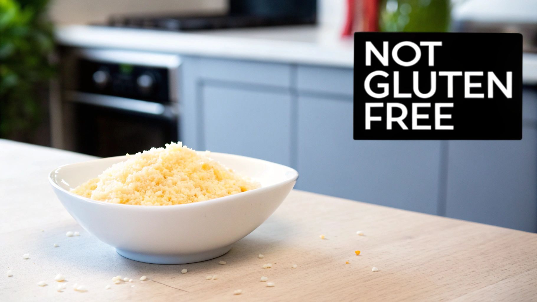 A bowl of couscous on a wooden table with a 'NOT GLUTEN FREE' label in the corner.