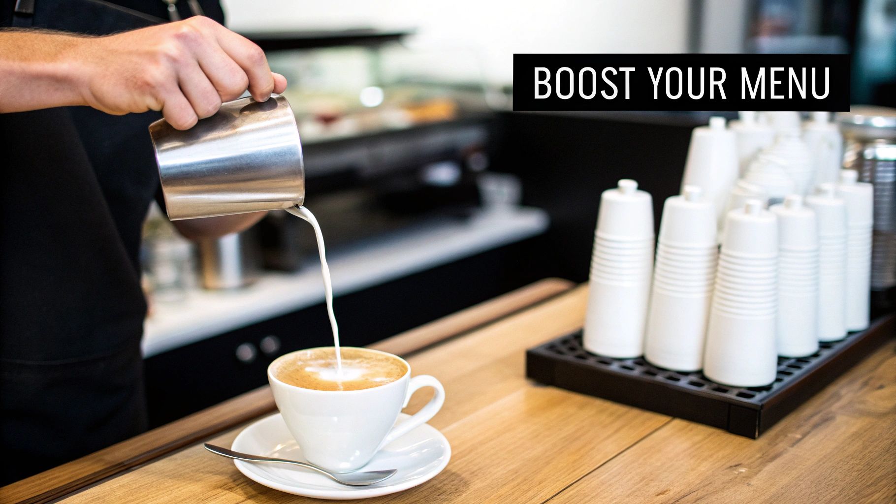 A barista pours steamed milk from a metal pitcher into a white latte cup on a wooden counter.