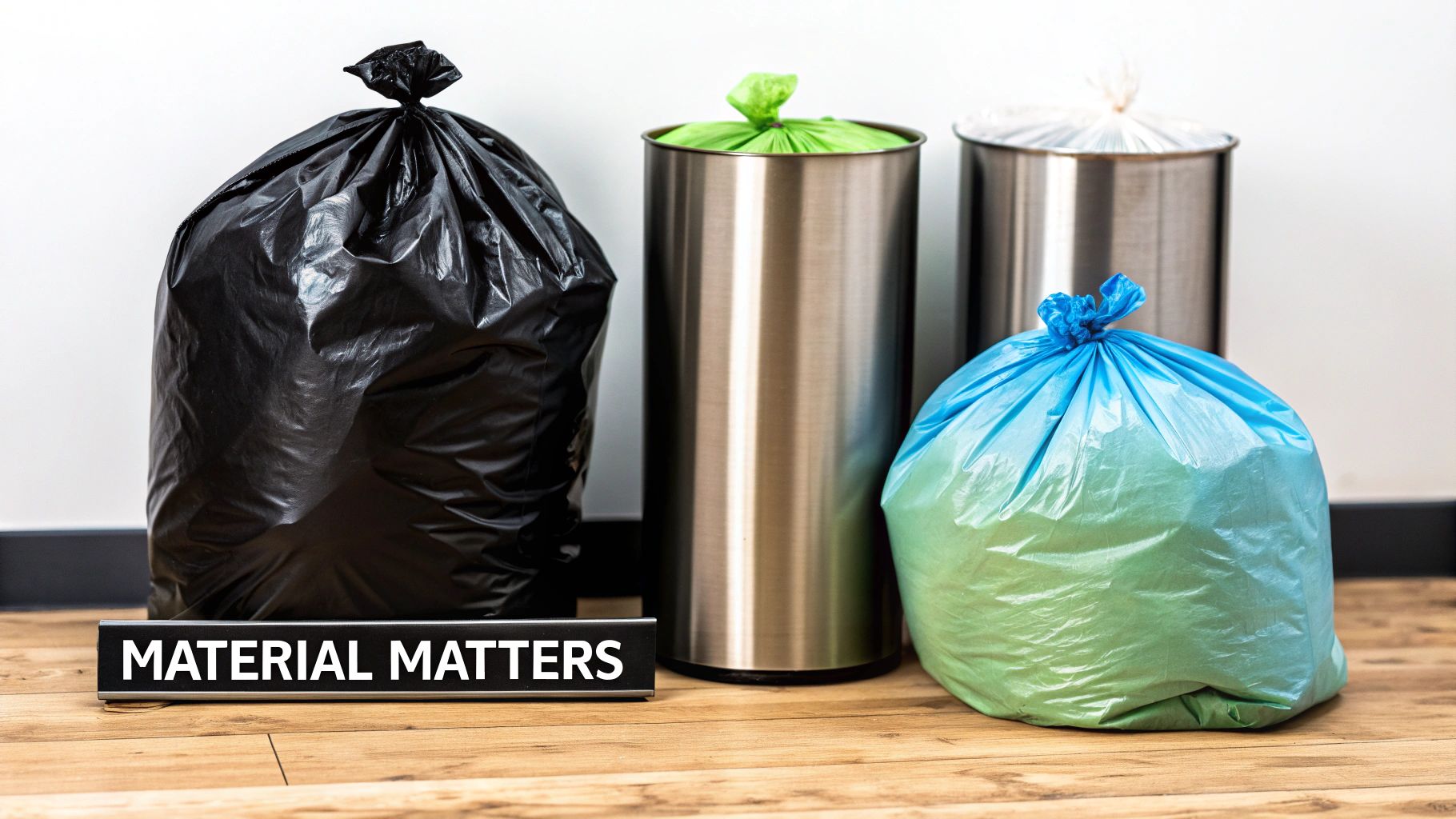 Various colored trash bags and stainless steel bins on a wooden floor, with a 'MATERIAL MATTERS' sign
