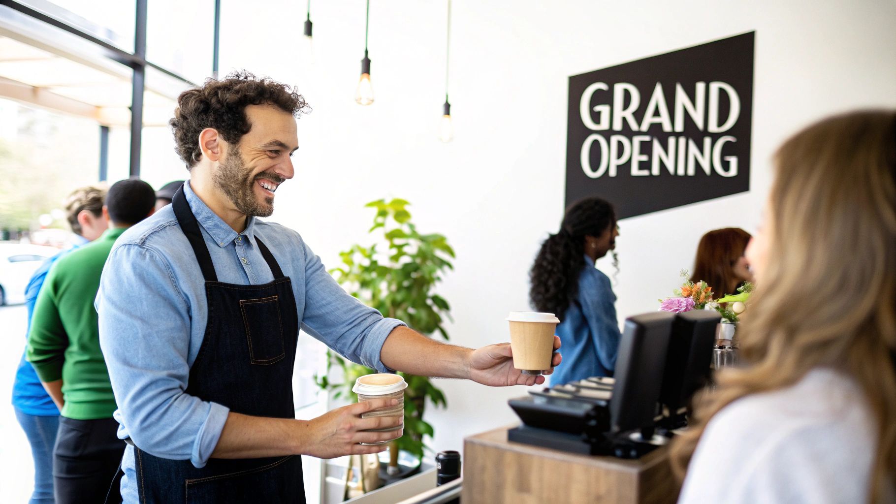 A smiling barista wearing an apron hands two coffee cups to a customer at a cafe's grand opening