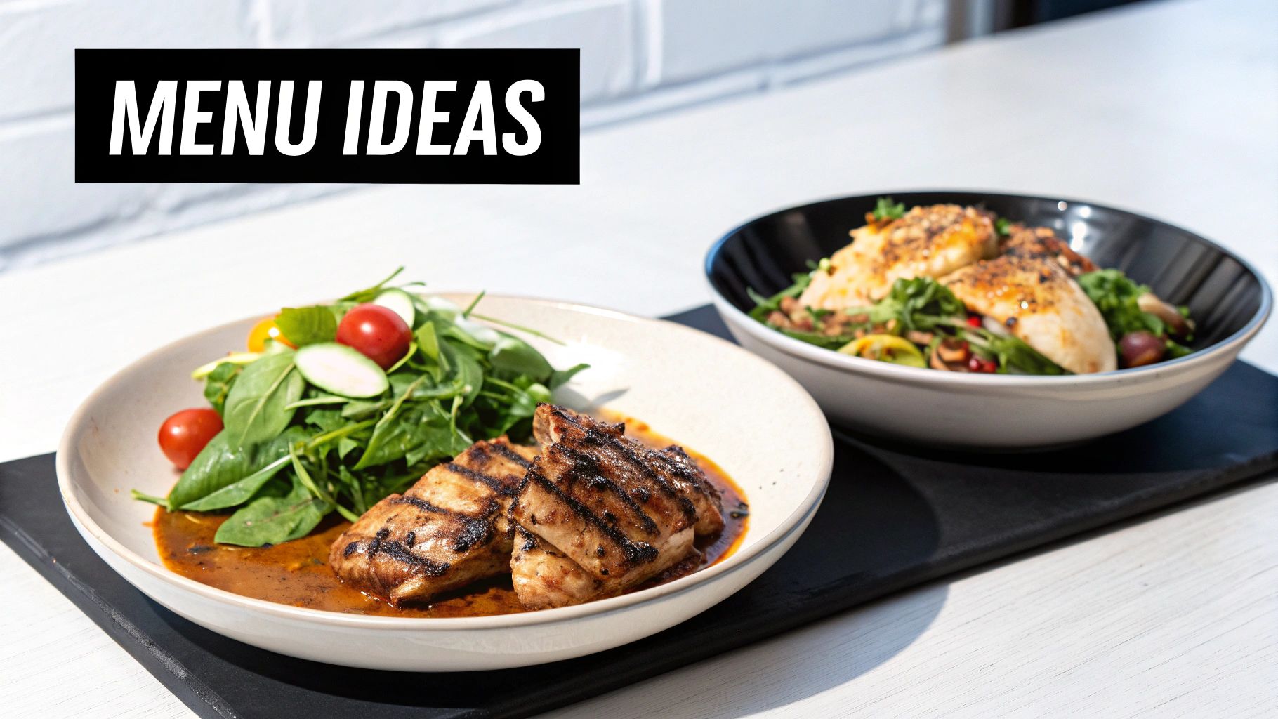 Two bowls of grilled chicken with fresh green salads, ideal for healthy menu ideas