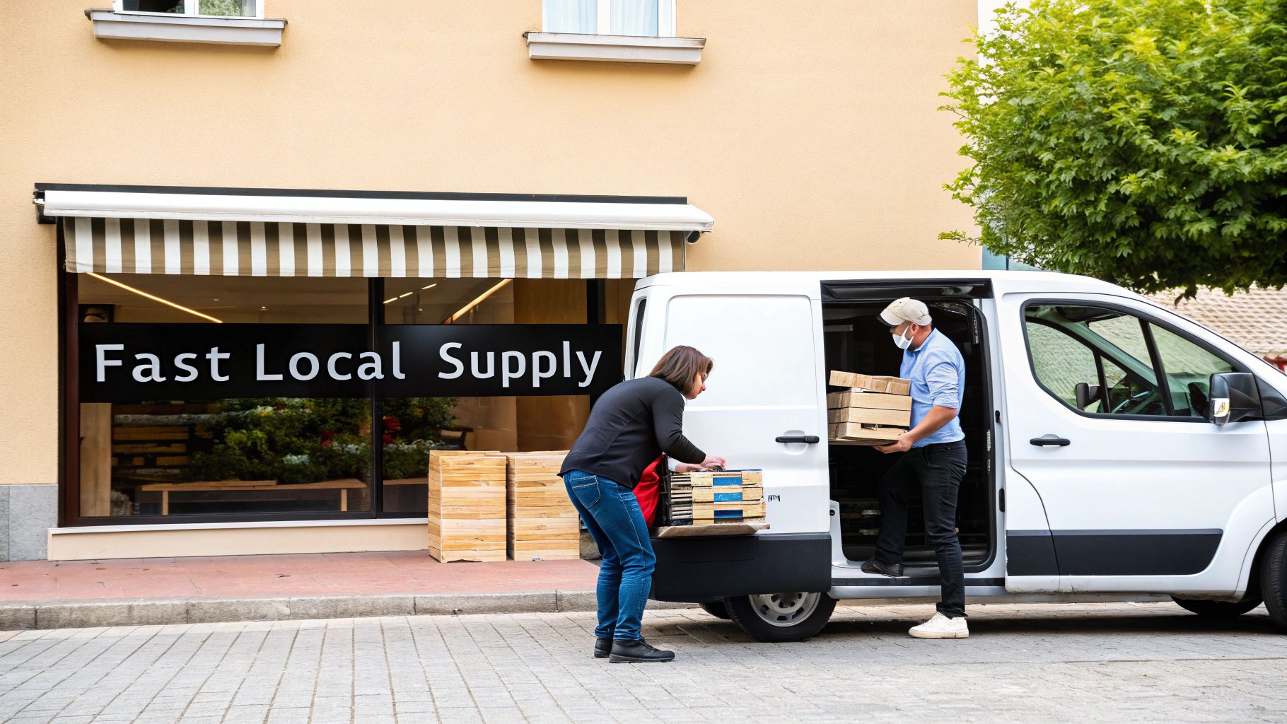 Two people unload wooden boxes from a white delivery van in front of a store