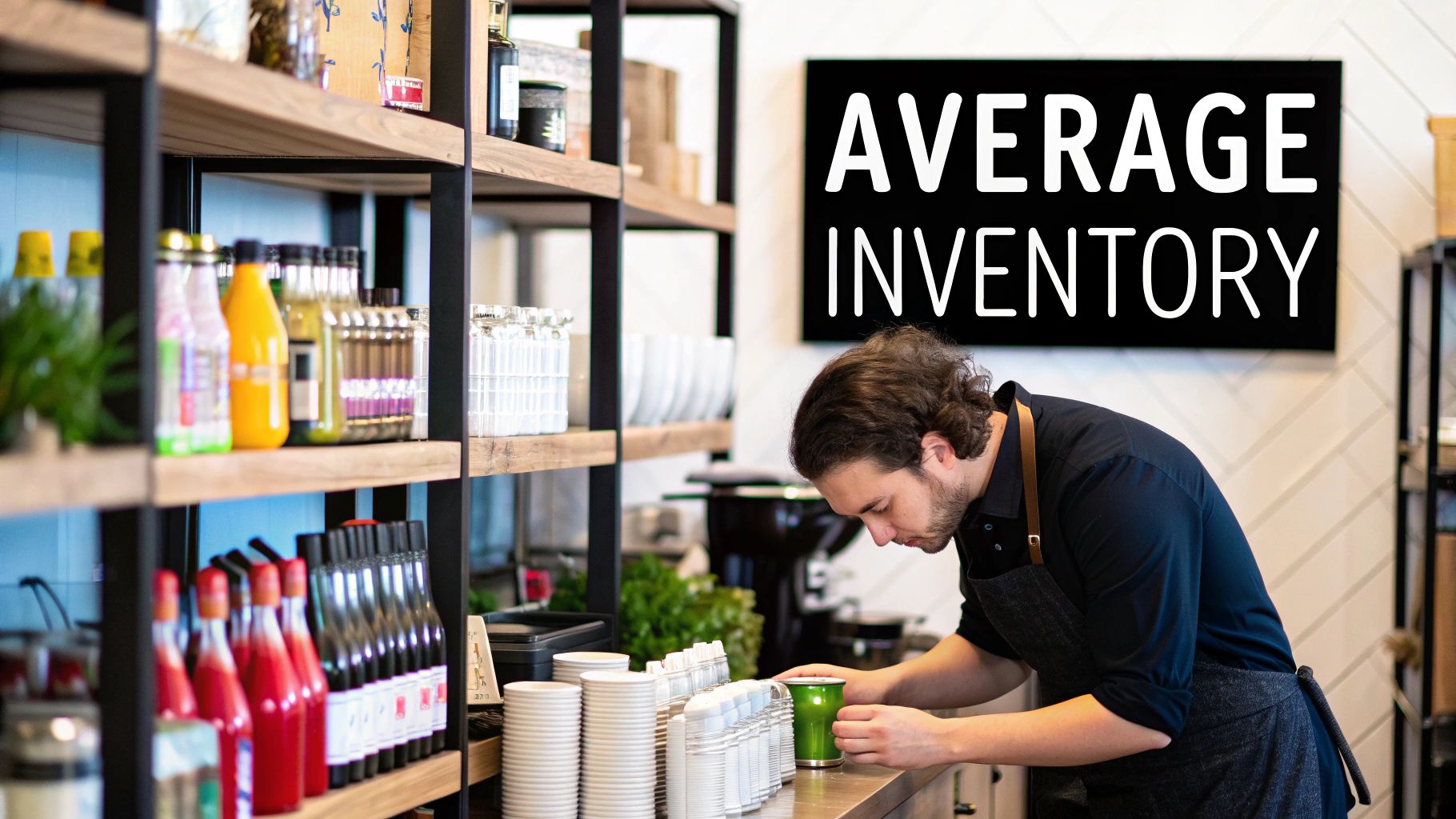 A worker organizes a coffee shop counter with shelves of beverages, glasses, and cups. A screen shows 'AVERAGE INVENTORY'