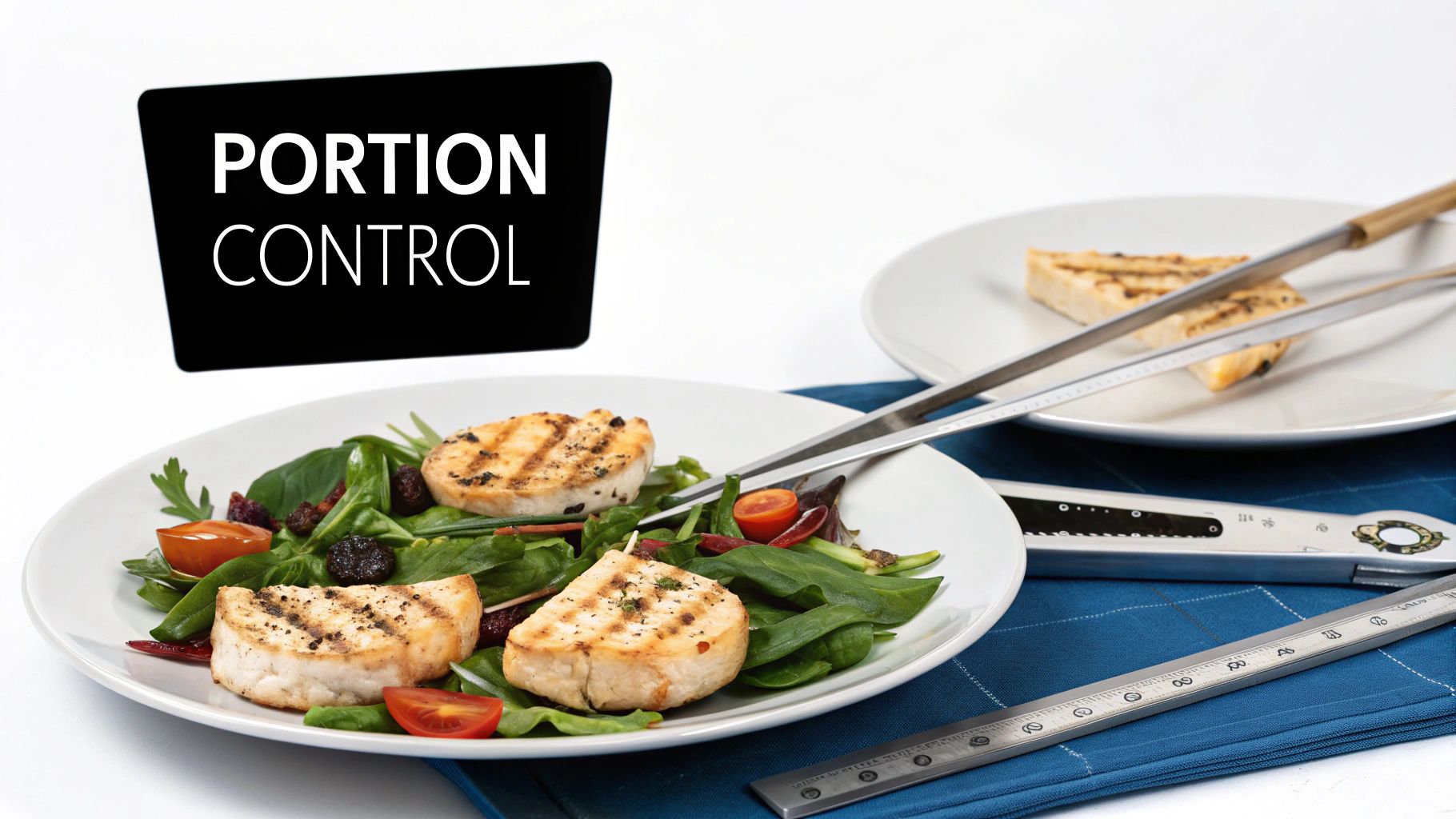 A plate of grilled chicken salad with cherry tomatoes and measuring tools for portion control.