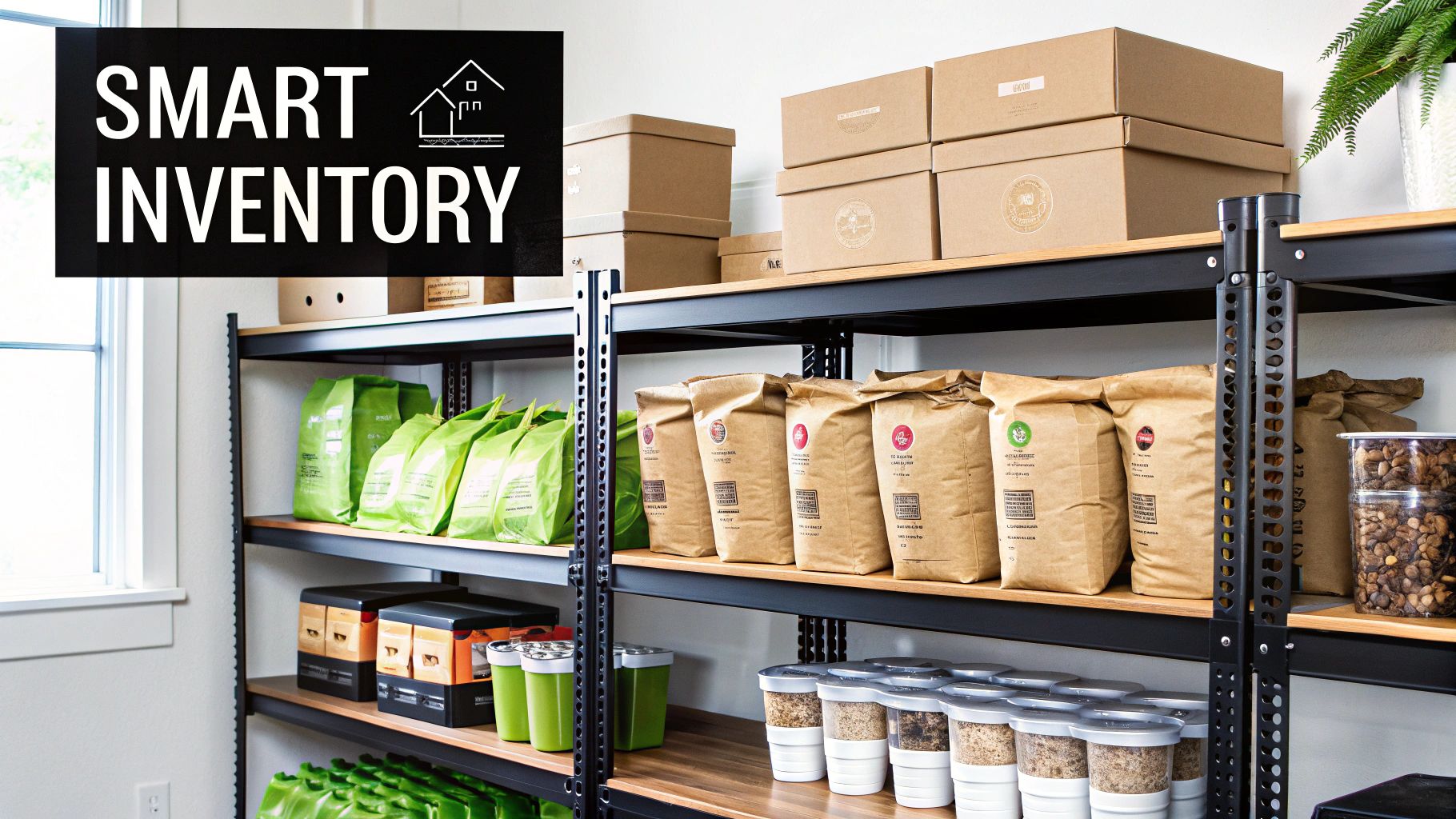Shelves filled with various packaged food items, including bags, boxes, and containers, suggesting smart inventory