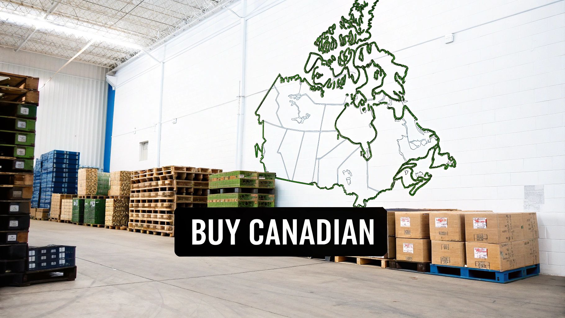 Warehouse interior with stacked goods on pallets, a large map of Canada on the wall, and 'BUY CANADIAN' text