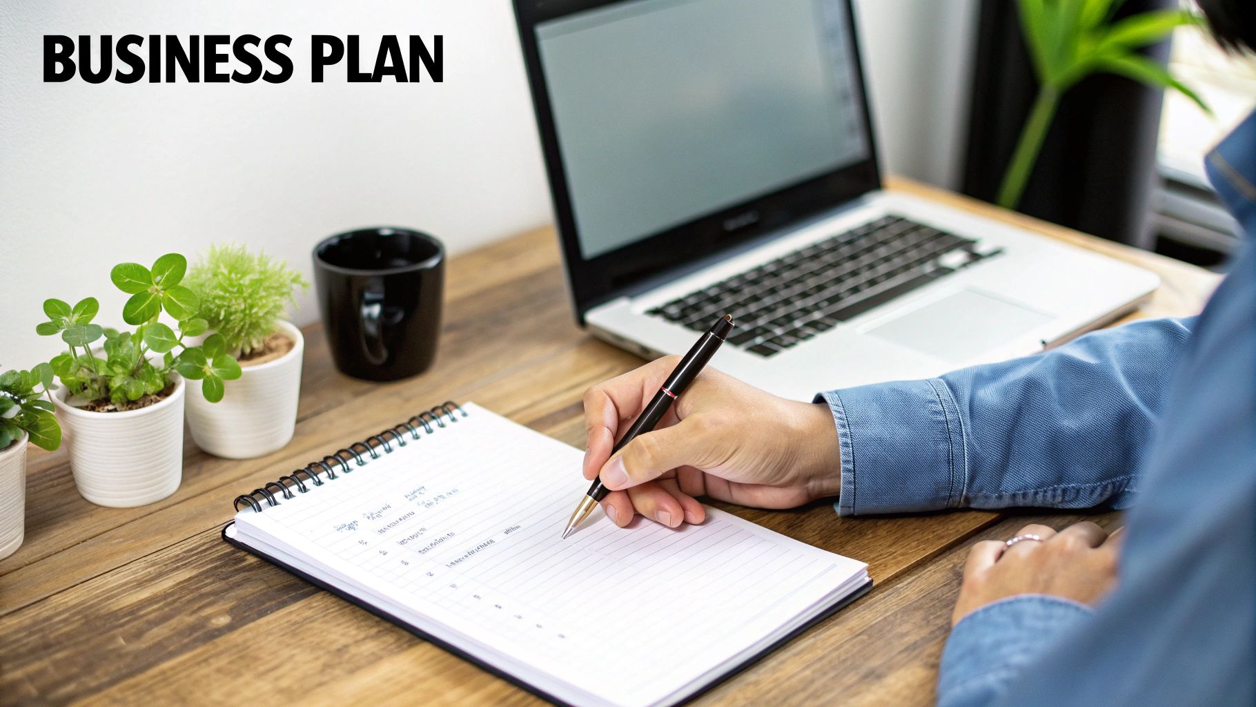 Person writing a business plan in a notebook on a wooden desk with a laptop and plants