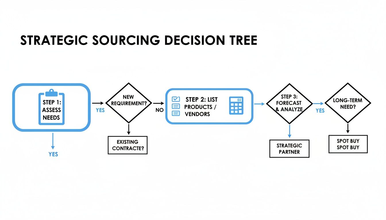 Flowchart illustrating a strategic sourcing decision tree process with steps from assessing needs to final sourcing decisions