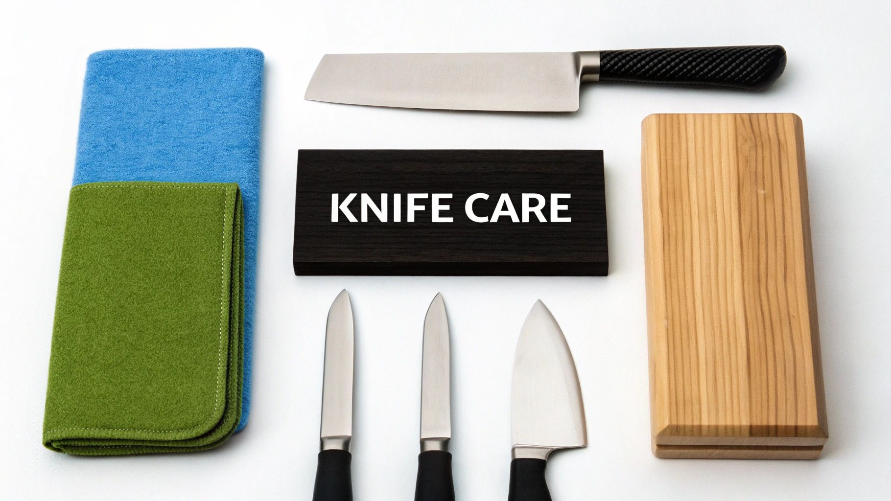 A flat lay displaying various kitchen knives, a cutting board, cloths, and a 'KNIFE CARE' sign