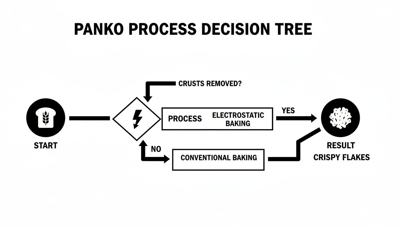 A flowchart illustrating the Panko bread crumb production process, detailing baking methods based on crust removal.