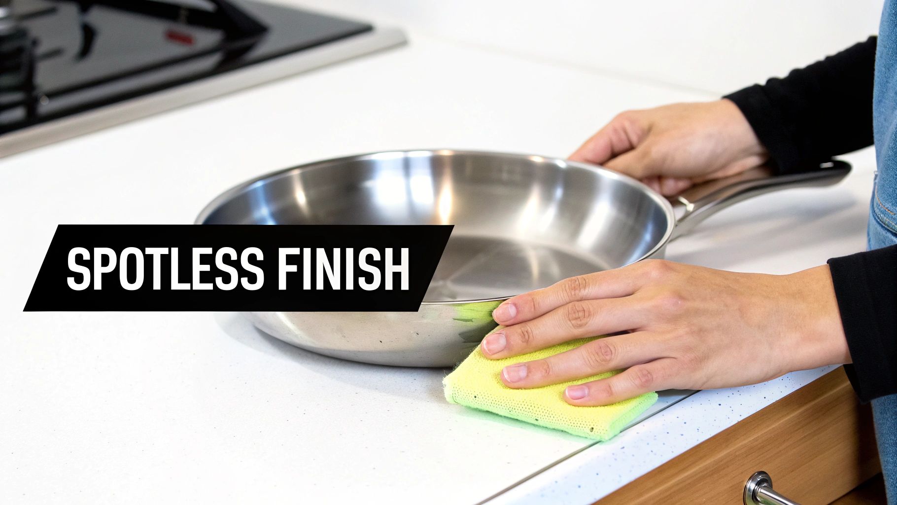 A person's hands cleaning a shiny stainless steel pan with a yellow sponge on a kitchen counter, emphasizing a spotless finish