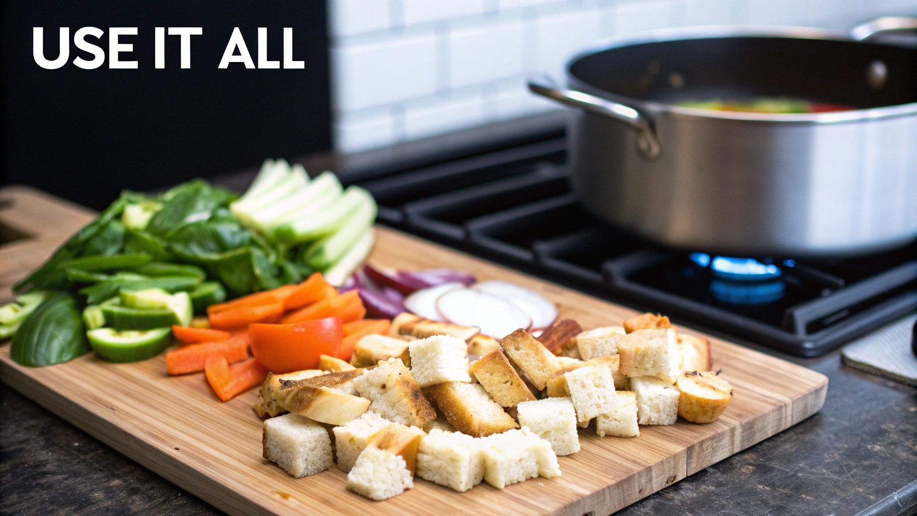 Chopped vegetables, bread cubes on a cutting board, and a pot cooking on a stove, with 'USE IT ALL' text