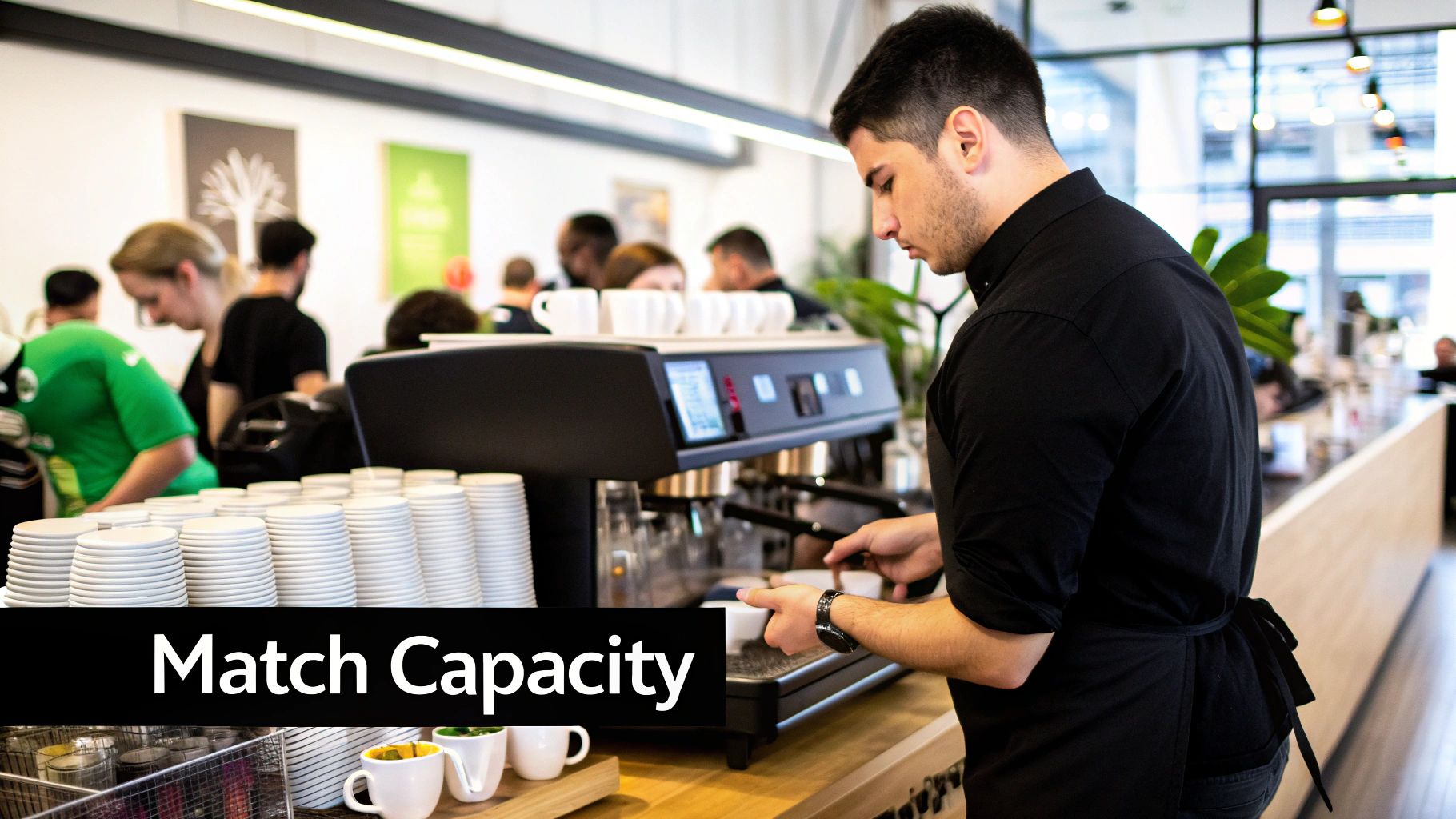 A barista operates a commercial coffee machine in a modern cafe, surrounded by stacks of cups