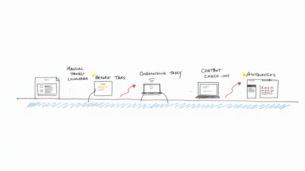 A person using a laptop to automate an onboarding workflow, with digital icons representing tasks like signatures and scheduling.