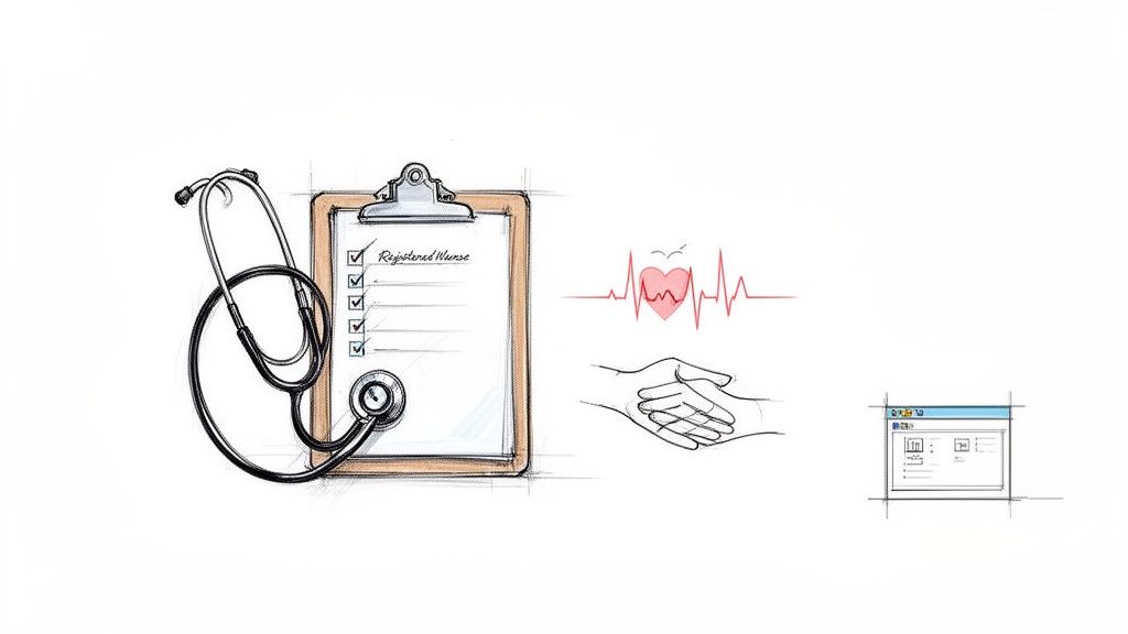 Sketches depicting a medical checklist for a registered nurse, stethoscope, heartbeat, handshake, and a computer.