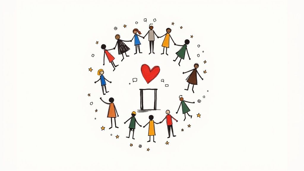 Diverse illustrated people holding hands in circle around heart and door symbolizing community inclusion
