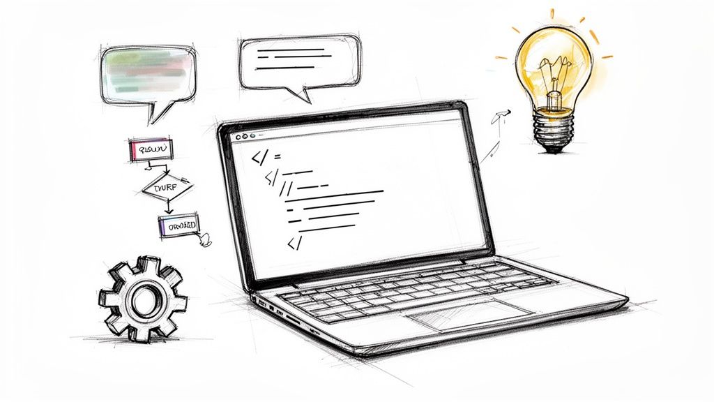 Sketch illustration of programming concepts: laptop with code, flowchart, speech bubbles, gear, and a glowing lightbulb.