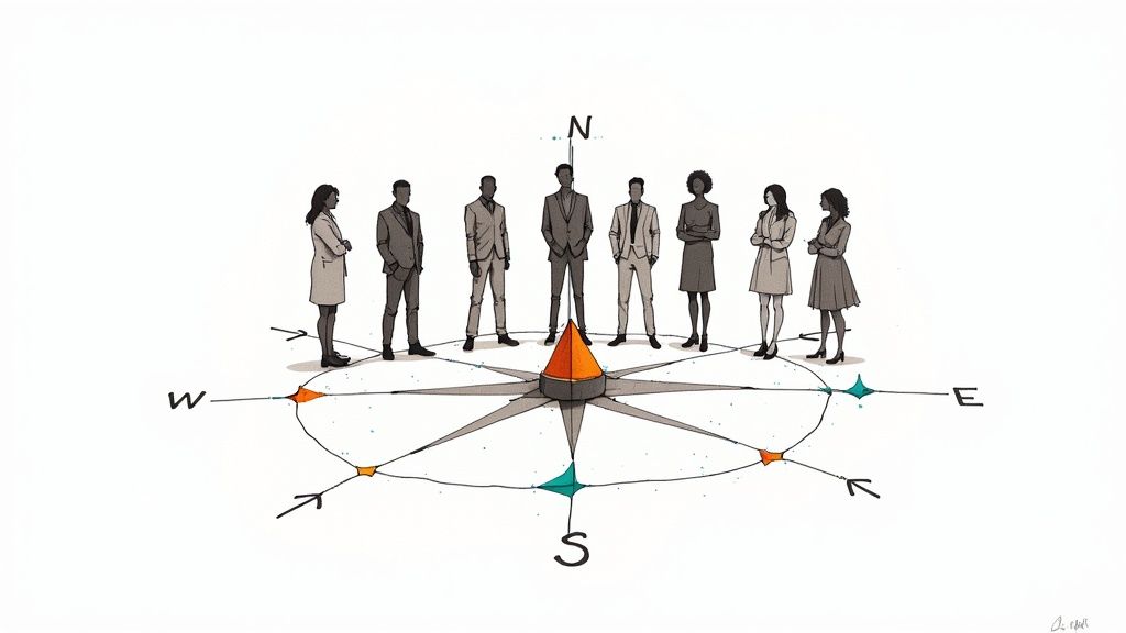 A group of engaged employees collaborating and smiling in a well-lit office, symbolizing a positive workplace culture.