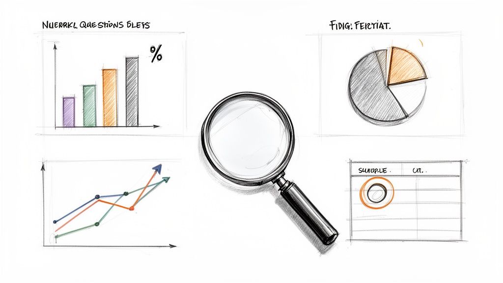 Hand-drawn sketches showing data visualizations: bar chart, pie chart, line graph, table, and a magnifying glass.