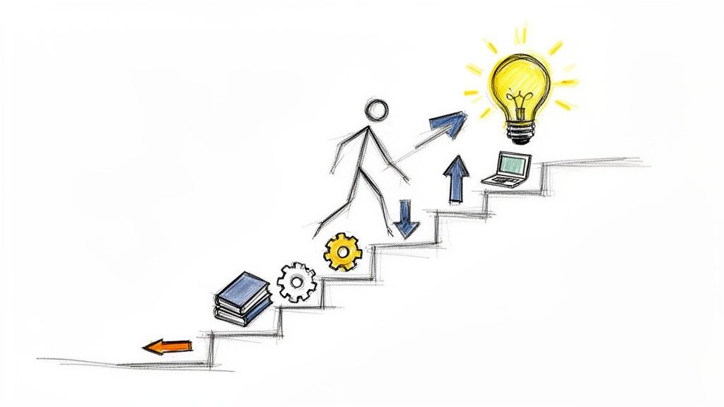 A stick figure climbs stairs with books, gears, arrows, a laptop, reaching a bright idea lightbulb.