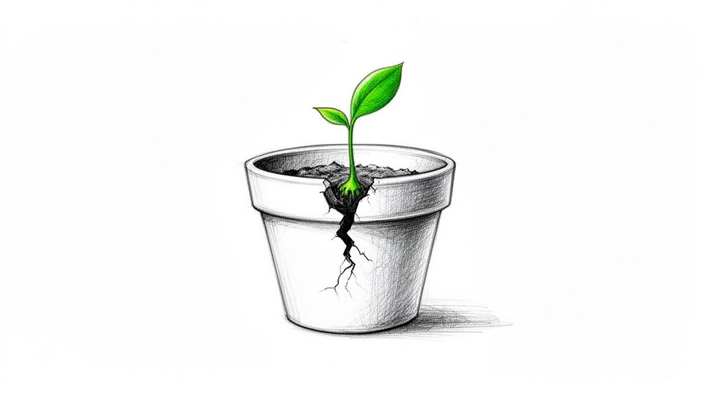 A vibrant green seedling pushes through a crack in a white pencil-sketched flowerpot, symbolizing growth and resilience.