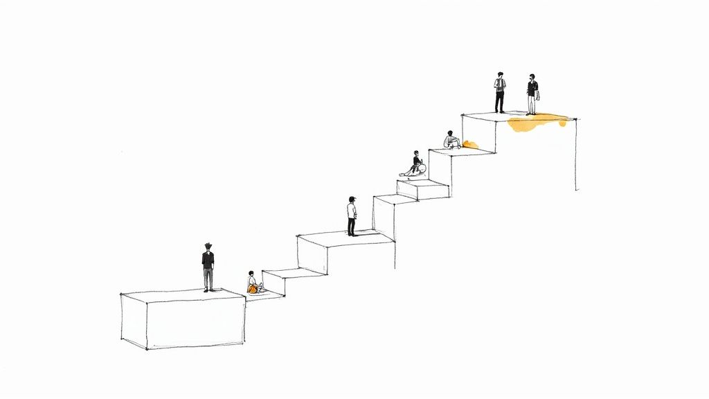 Diverse individuals navigate a staircase with some challenges and opportunities represented by orange marks.