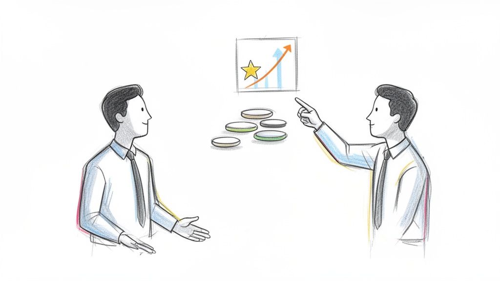 Two business people discussing financial growth, investments, and performance metrics with a chart.