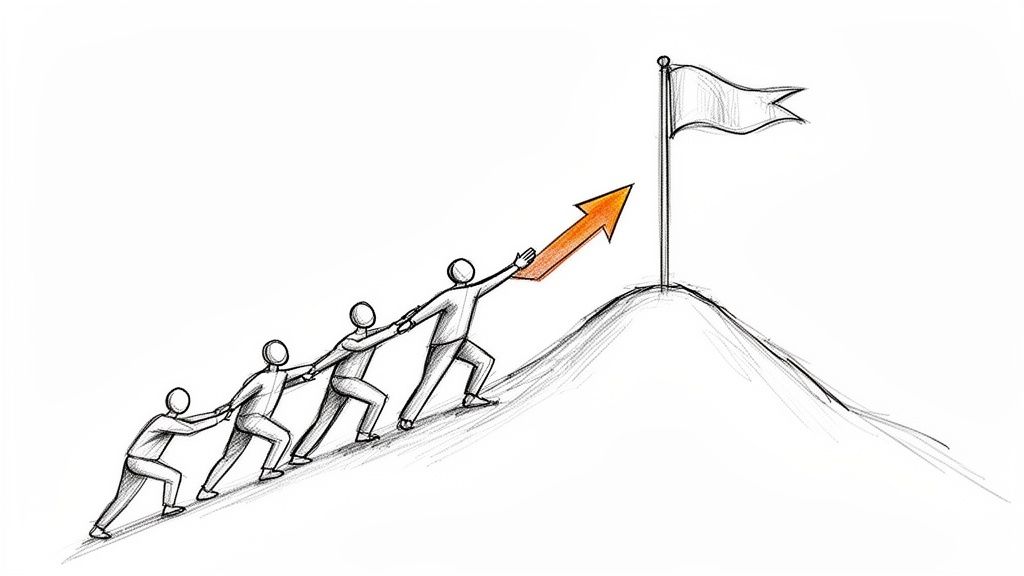 Four people climb a hill, pushing an upward arrow towards a flag, symbolizing teamwork and progress.