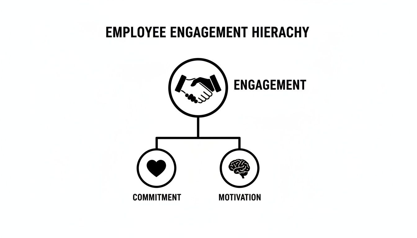 A hierarchy diagram illustrating employee engagement, showing it's built upon commitment and motivation.