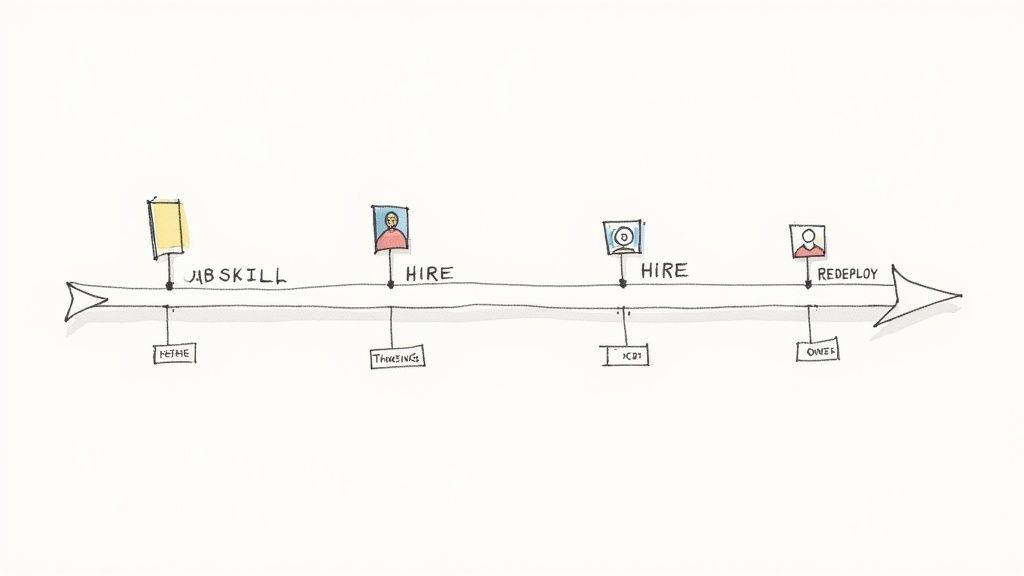 A hand-drawn timeline illustrates steps for skills management, including upskill, hire, and redeploy.