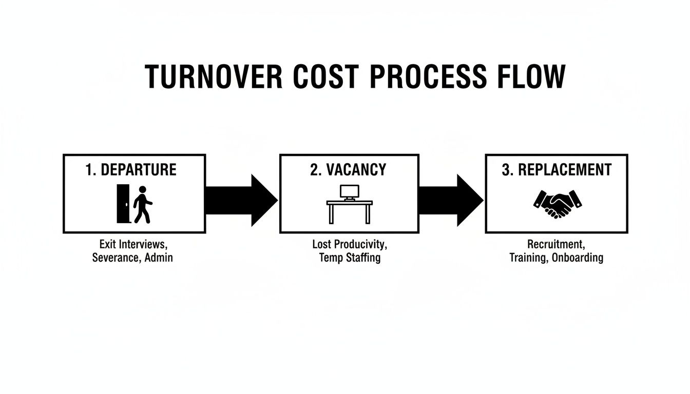 Flow diagram illustrating the three-step employee turnover cost process: departure, vacancy, and replacement.