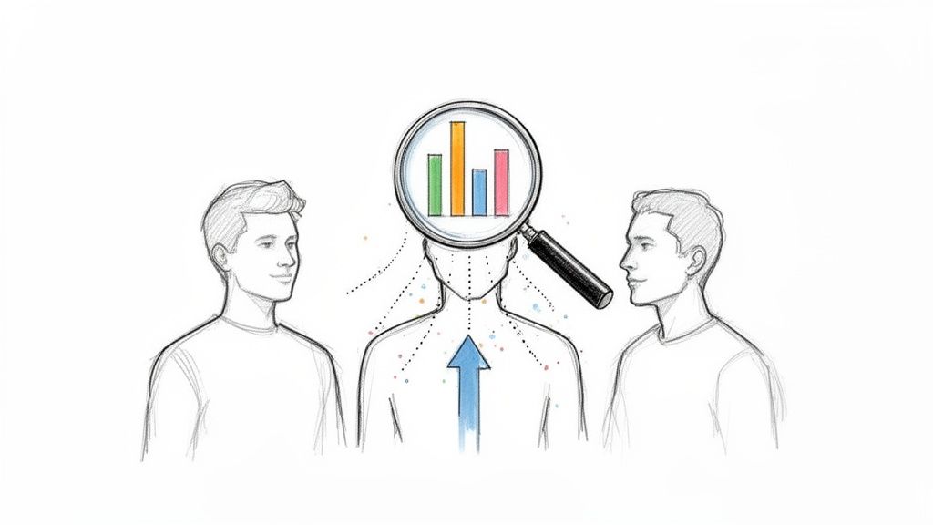 Illustration of three people, with data analysis represented by a magnifying glass and bar chart over the central person.