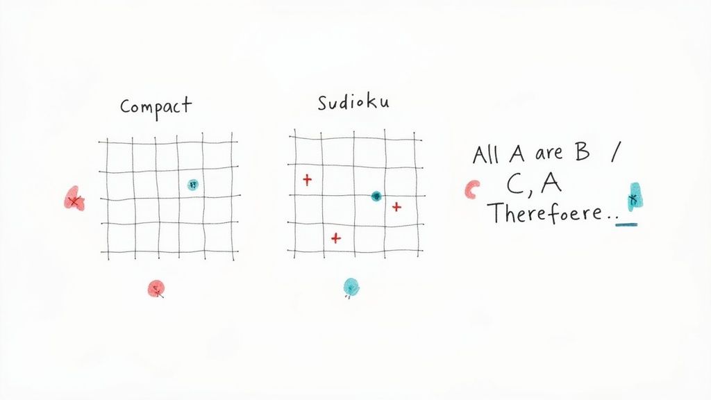 Two grid puzzles, 'Compact' and 'Sudioku', presented next to a logical deduction problem.