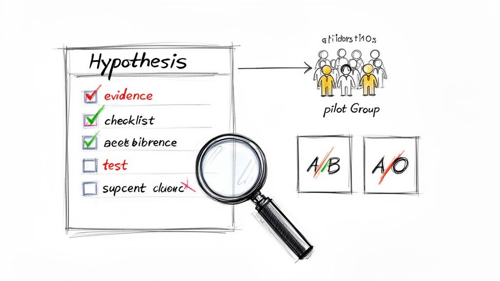 A sketch illustrating hypothesis testing, with a checklist, magnifying glass, pilot group, and A/B test examples.