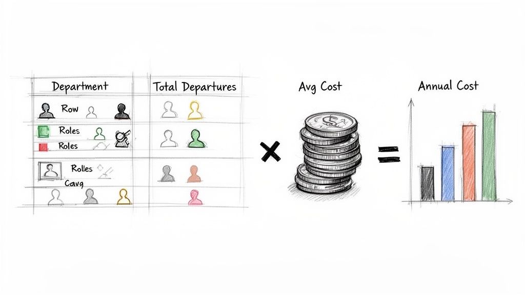 A hand-drawn diagram illustrating the calculation of annual employee turnover cost, showing departures multiplied by average cost equals total annual cost.
